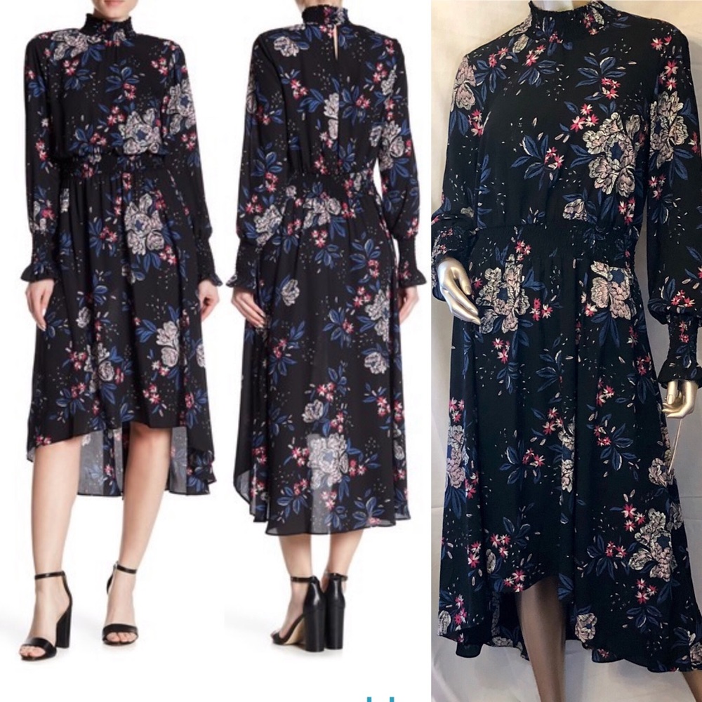 Nanette Lepore Smocked Mock Neck Hi-Lo Dress